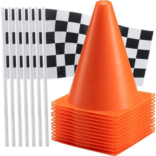 Bedwina Race Car Birthday Party Decorations - (36 Pcs) 12 - 8-Inch Orange Mini Cones for Kids & 24 Black & White Checkered Flags on Sticks - Race Car Themed Birthday Party Decor & Centerpiece Supplies