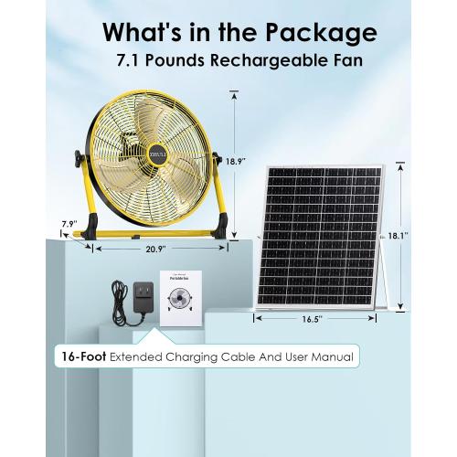 ZHULI 18 Solar Fan, Portable Battery Operated Floor Fan, Rechargeable Cordless Camping Fan, 40W Solar Panel, Hi-Velocity Brushless Motor, Metal blade, USB Phone Charge, 8~60H Runtime, Quiet, Wireless