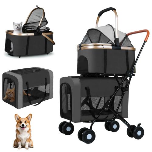 Double Pet Stroller for Dogs and Cats: Dog Stroller Foldable Travel Carriage with Detachable Carriers, Safety Belts, and 4 Lockable Wheels for Small to Medium Pets – Ideal for Multi-Pet Homes (Black)