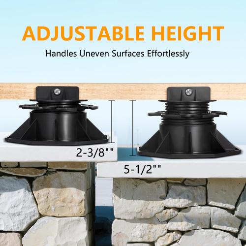 12Pack Adjustable Deck Support Pedestal Deck Foundation Base Support，Used for Floating Deck Platform Deck Floor Height Adjustment Raising, Adjustment Raising from 2-3/8 to 5-1/2, Black