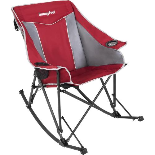 SUNNYFEEL Oversized Folding Rocking Camping Chair Fully Padded Patio Chair Red Portable Outdoor Rocker High Back Portable Lawn Recliner with Side Pocket Camp Rocker Chairs Heavy Duty 500 LBS