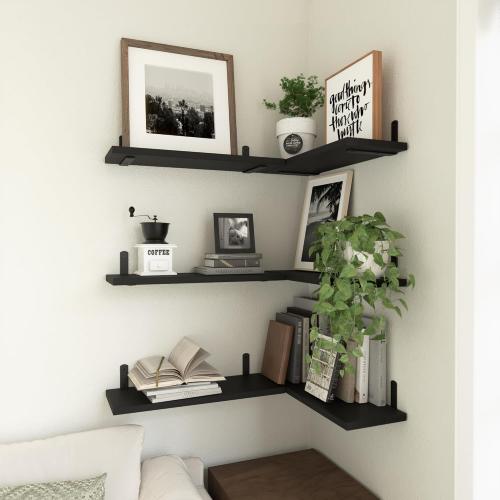 WOPITUES Wood Floating Shelves Set of 6, Shelves for Wall Decor, Farmhouse Shelf for Bedroom, Bathroom Storage Shelves, Book Shelves for Living Room-Black***
