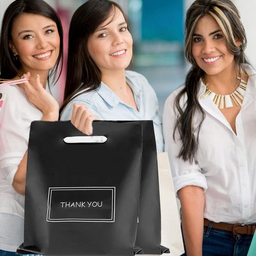 MelonArt Thank You Bags for Small Business, 200pcs Black Plastic Retail Bags Merchandise Bags with Handles Bulk Large Reusable Shopping Boutique Bags 8x12 and 12x15 for Stores Clothes Supplies(Black)