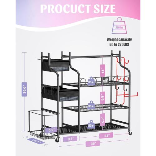 Mythinglogic Home Gym Storage Rack with Wheels for Dumbbells and Yoga Mats | Versatile storage with shelves, hooks and side holders for kettlebells, foam rollers, bands, weight plates and gym gear