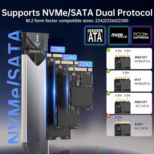 SSK M.2 NVME SATA SSD Enclosure Adapter, USB 3.2 Gen 2 (10 Gbps) to NVME PCI-E SATA M-Key/(B M) Key Solid State Drive External Enclosure Aluminum Support UASP Trim for SSDs 2242/2260/2280
