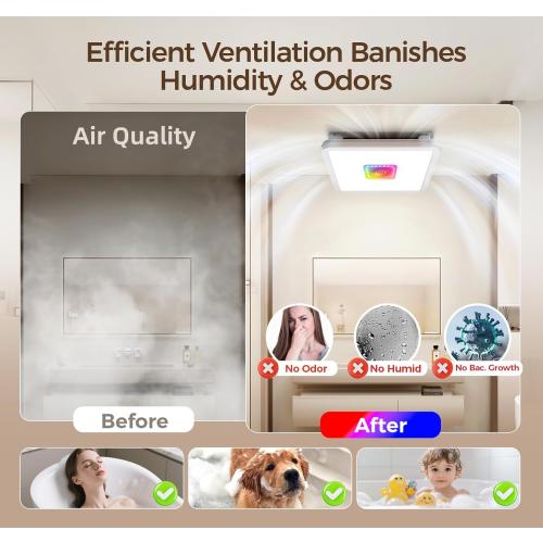Exhaust Fan with Light & Remote, AC Moter Fans Air Quality Booster,7 RGB Light & Nightlight 3000LM 5 CCT 2700K-6500K Dimmable LED 130 CFM 1 Sone,Memory Function,Bathroom Fans for Ceiling 126B