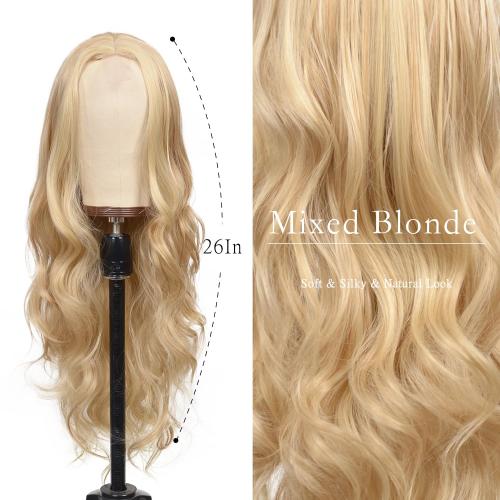 BrittyHair Blonde Long Wavy Wig for White Women 26 Inch Middle Part Curly Wig Natural Looking Heat-resistant synthetic fiber wigs for Daily Wear Cosplay and Halloween
