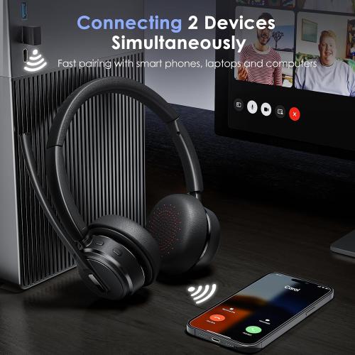 Mopchnic Wireless Headset with Noise Cancelling Microphone, On-Ear Bluetooth Headset with USB Dongle, Mute Function & Charging Base, Wireless Headphones for Work from Home and Call Center (Black)