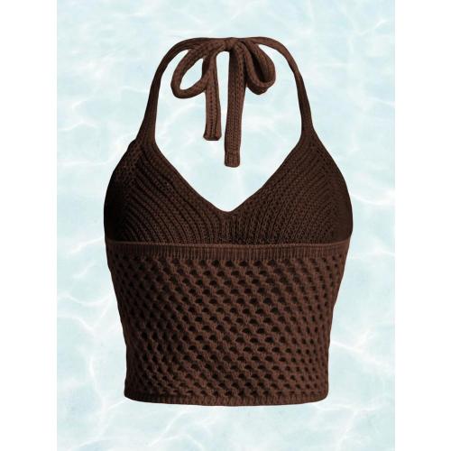 Verdusa Women's Halter Tops Boho Summer Crochet Shell Appliques Cami Shirts Tie Back Knit Crop Top.  Size small