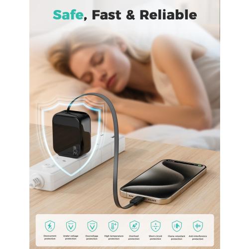 2-in-1 Retractable Wall Charger Plug with USB C Port and 27in/70cm Type C Cable,Travel Essentials 30W Fast Charging Foldable Block for iPhone 16/15/,iPad,Galaxy,Pixel-Black
