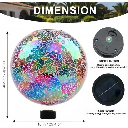 VOREEN 10 Mosaic Solar Gazing Ball, Colorful Crackle Glass Globe with Solar Light, Handmade Outdoor Garden Decor Sphere, IP45 Waterproof Patio Lawn Yard Ornament, Idea