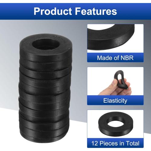 uxcell 12 Pcs Solid Nitrile Rubber Flat Washer DN20 1-11/32 OD x 3/4 ID x 1/4 Thickness Large Washers O Ring Sealing Gaskets, Industrial Flat Rubber Spacer, Black
