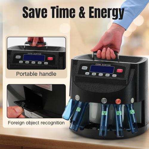 USD Coin Counter 270 Coins/Min Includes 5 Coin Bins, 5 Tubes & 5 Wrappers | 300-Coin Capacity Automatic Change Counter with LCD Display for 1¢ 5¢ 10¢ 25¢ $1, Precise Counting for Retail/Banks/Home