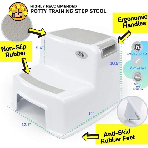 Dual Height 2 Step Stool for Kids | Slip Resistant Soft Grip Toddler's Stool for Potty Training and Use in The Bathroom or Kitchen | BPA Free for Comfort and Safety (1 Pack, White and Grey)