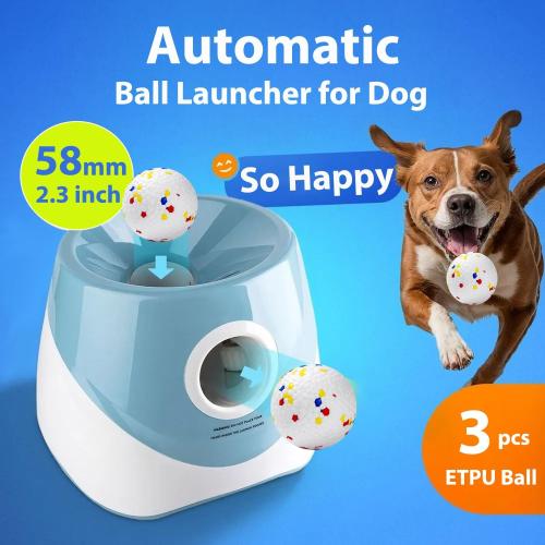 Color Blue Automatic Dog Toy Ball Launchers for Dog, Upgrade Thrower Machine Fetch Toy 10-30 Ft Outdoor Indoor, Interactive Tennis Launcher with 3 ETPU Balls for Small & Medium Puppy