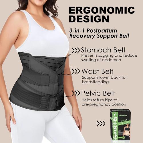 3 in 1 Postpartum Belly Band Wrap Support Recovery Girdles Abdominer Binder Post Surgery Belly&Waist&Pelvis Support Belt & Back Brace (Black, Large)