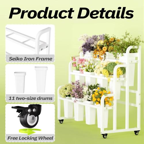 Flower Display Stand with 11 Buckets, Moving Florist Bouquet Shelf, Upgrade 360° Swivel Wheels and Brake, Flower Cart 3 Layers for Indoor, Outdoor Patio Garden, Living Room, Florist (White)