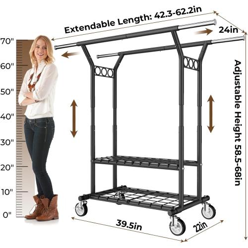 Heavy Duty Clothes Rack, Rolling Clothing Rack With Shelves Load 620 LBS, Double Rod Clothing Racks for Hanging Clothes, Portable& Adjustable Clothes Rack with Wheels,Black