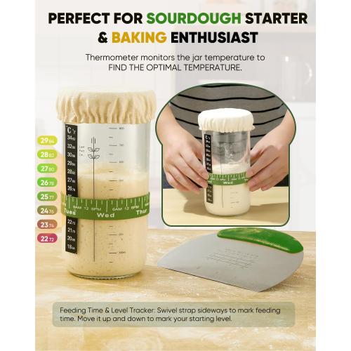 Sourdough Bread Baking Supplies 34 OZ Sourdough starter kit with 2 Bread Proofing Basket - Green