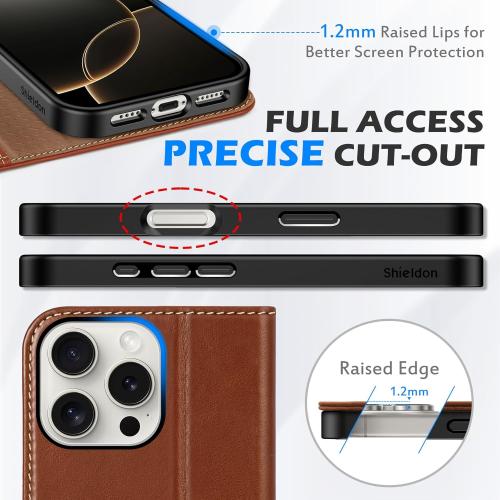 SHIELDON Case for iPhone 16 Pro Max 5G 2024, Genuine Leather Folio Wallet Magnetic Kickstand RFID Blocking Card Slots Shock-Absorbent Phone Cover Compatible with iPhone 16 Pro Max 6.9 - Retro Brown