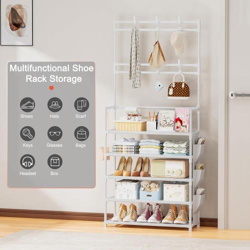 WHITE Shoe Rack 5 Tier Shoe Organizer Storage 15-20 Pairs Shoes Rack for Closet Entrance Shoe Rack Organizer with Hooks and Side Pocket Entryway Shoe Holder Space Saving Free Standing Shoe Racks