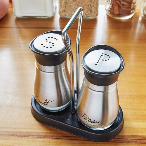 Juvale Stainless Steel Salt and Pepper Shakers Set with Holder, Refillable, Clear Glass Bottoms, Screw-Off Perforated S and P Caps for Kitchen Table Decor (4oz)