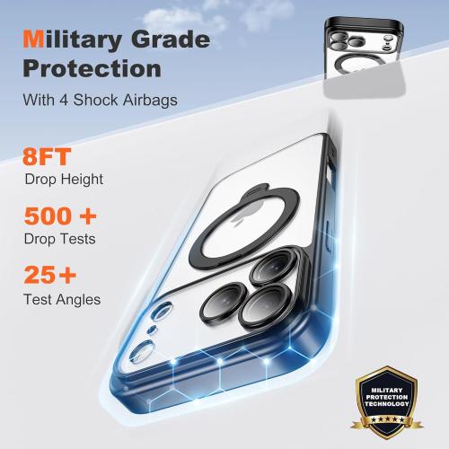 Compatible with iPhone 17 Pro Case with 360° Spin Magnetic Ring Stand [Compatible with Mag-Safe] Camera Lens Protector Plating Drop Clear Phone Case for iPhone 17 Pro 6.3, Black