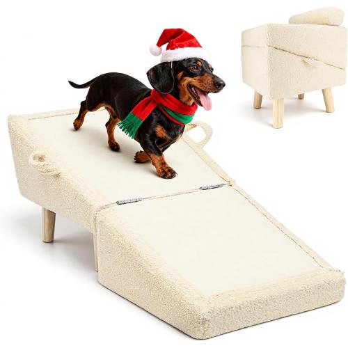 Dog Stairs for Small Dogs and Cats – 2-in-1 Dog Ramp for Couch and Low Bed, 16.5'' Foldable Wooden Pet Ramp, Sturdy Multi-Use Split Ottoman Design, Beige