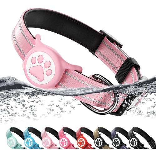 Premium Airtag Dog Collar，with IP68 Waterproof AirTag Holder,Pink,M