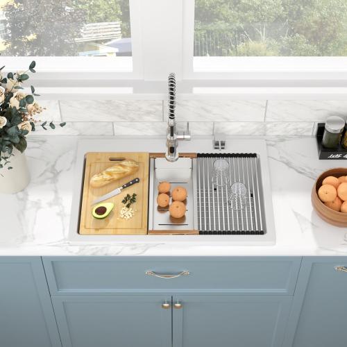 Sarlai 33 Inch Composite Granite White Kitchen Sink - 33x22 Inch Kitchen Sink Workstation Drop In Topmount Sinks Granite Quartz Sinks Single Bowl Above Counter Basin