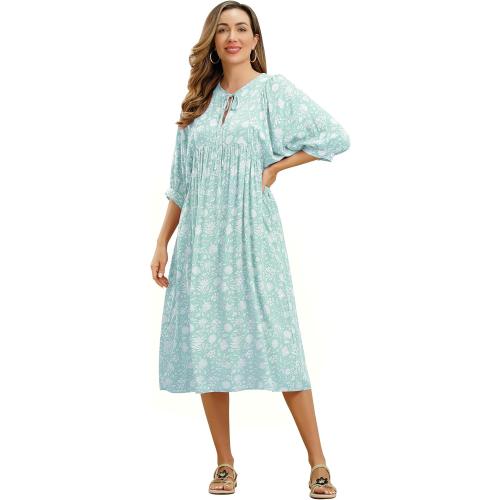 Size L....Boho Dress for Women, Lantern Sleeve V Neck Floral Midi Dress Loose Ruffle A Line Flowy Casual Summer Long Dress