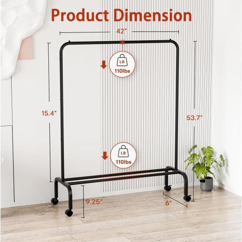 Metal Standing Clothes Rack, Rolling Clothing Rack for Hanging Clothes, Portable Clothes Rack with Storage Shelves, Black