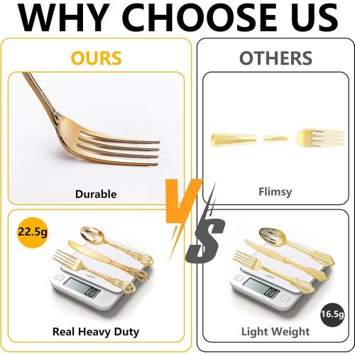 150 Pieces Gold Plastic Silverware - Heavy Duty Gold Disposable Utensils - Fancy Plastic Cutlery Set Includes 50 Forks, 50 Spoons, 50 Knives for Holidays Parties Weddings