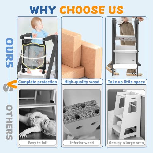 Foldable Toddler Tower, Toddler Kitchen Stool Helper with Safety Net, Wooden Kitchen Step Stool for Toddlers with Adjustable Height, Standing Tower for Learning and Cooking(Blue)