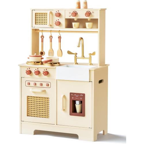 Play Kitchen for Kids, Wooden Play Kitchen Set with Realistic Features, Small Play Kitchen Toy Designed Ideal for Toddlers, for Ages 3