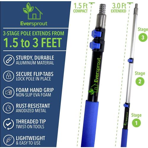 EVERSPROUT Scrub Brush, 1.5 to 3ft Pole, Rubber Bumper, No-Scratch | For Cars, Trucks, RV, Boats, Driveways, Decks, Patios, Decks, House Siding, 8-10ft Standing Reach, Non-Slip Grip, Lightweight