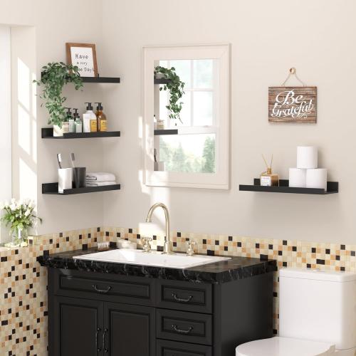 Floating Shelves for Wall, Wall Shelves for Decor Storage Set of 6, Wall Mounted Wood Shelf for Bedroom, Living Room, Bathroom, Kitchen, Picture Ledge Shelf, Black