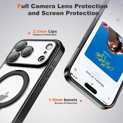 Compatible with iPhone 17 Pro Case with 360° Spin Magnetic Ring Stand [Compatible with Mag-Safe] Camera Lens Protector Plating Drop Clear Phone Case for iPhone 17 Pro 6.3, Black