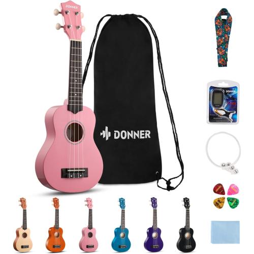 Color Pink Donner Soprano Ukulele for Beginner 21 Inch Ukelele Starter Bundle Kit with Free Online Lessons Bag Strap String Tuner Picks Cloth (Pink)…