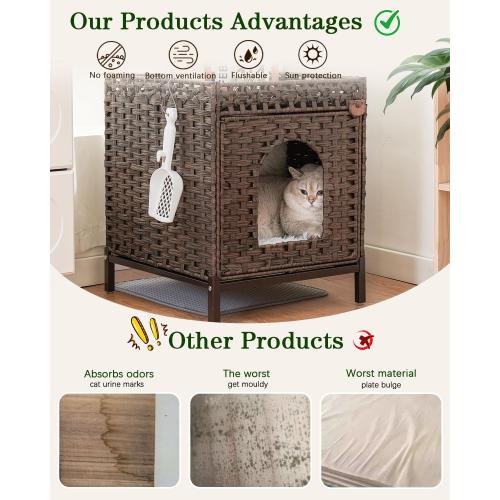 SETVSON Cat Litter Box Enclosure Hidden Litter Box Furniture with Metal Heightened Feet, Rattan Handwoven Cat House with Litter Mat, Hidden Litter Box Furniture for Bedroom Living Room Brown