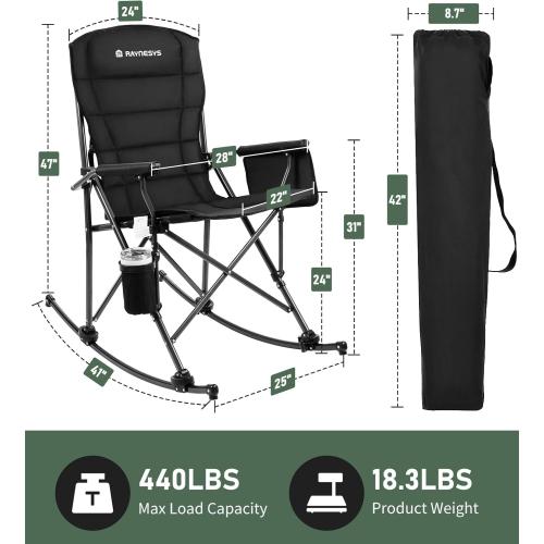 Folding Rocking Chair Supports 440 LBS, Outdoor Folding Chair, Rocking Camping Chairs with Cup Holder & Side Pocket, Padded Outdoor Chairs for Patio Lawn Garden Yard (Black)