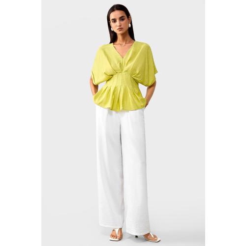 Women's Lightweight Crinkled V-Neck Peplum Waist Blouse-Batwing Short Sleeves Shirt-Casual Flowy Top (25H109 Yellow M)