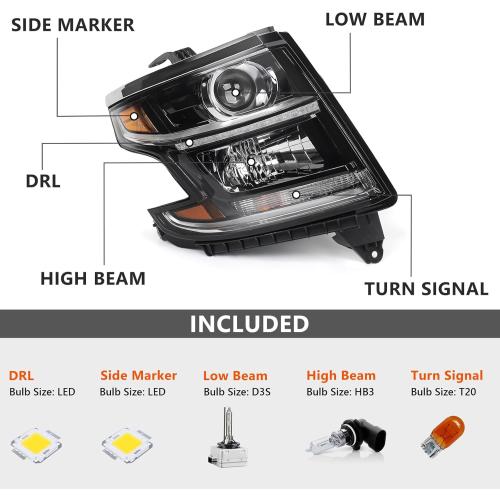 Huray HID Headlight Assembly Fit for Chevy Tahoe/Suburban 2015-2020 RH OE Projector Xenon Headlamp w/Bulbs for Chevrolet Tahoe