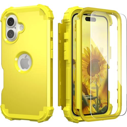 IDweel for iPhone 16 Plus Case with Screen Protector,Luxury 3 in 1 Shockproof Slim Fit Hybrid Heavy Duty Hard PC Cover Soft Silicone Bumper Full Body Anti-Fingerprint Case,Yellow