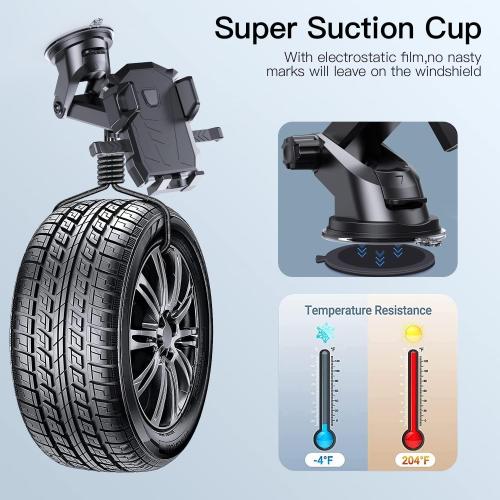Car Phone Holder Mount Dashboard & Windshield Hands Free, Cell Phone Holder with Super Suction Cup and Long Arm Compatible with iPhone Samsung & Other Cellphone