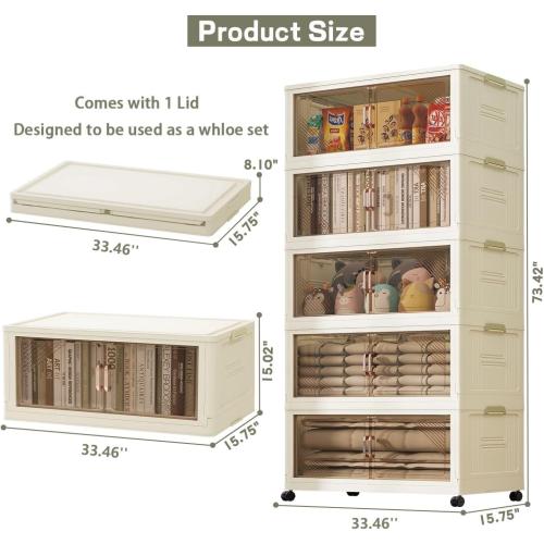 KHNR 5Packs Stackable Storage Bins with Lid, 36 Gal Closet Organizer and Storaging Drawer, Collapsible Storage Box with Wheels, Plastic Clothes Storage Cabinet Containers for Home, Office, Dorm