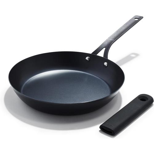 OXO Obsidian 10 Carbon Steel Frying Pan, Pre-Seasoned Skillet, Builds Natural Nonstick with Use, Induction Ready, Oven Safe, Removable Silicone Handle