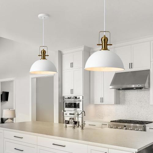 12 Inch Sandy White Farmhouse Pendant Lights for Kitchen Island Industrial Adjustable Height Vintage Dome Hanging Light Fixtures for Barn,Dining Room 1 Pack