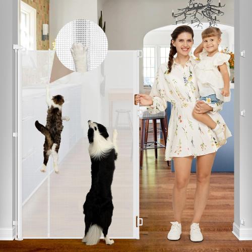Reinforced 55 Extra Tall Cat Gate for Doorway - No Jumping Over/Crawling Under, Retractable Baby Gate for Cats Fits Openings up to 55 Wide, Retractable Dog Gate Indoor Tall Pet Gate for Stairs/White