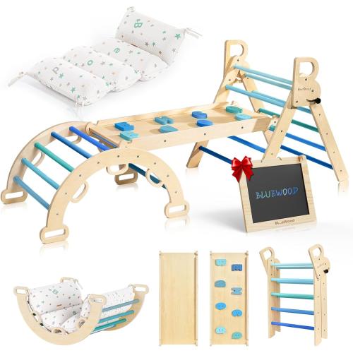 BlueWood Pikler Triangle Set for 2-6 Years Old (Sky Blue, with Cushion) | 8-In-1 Foldable Wooden Toddler Climbing Toys, Montessori Jungle Gym for Indoor Activity, Balance and Imaginative Play